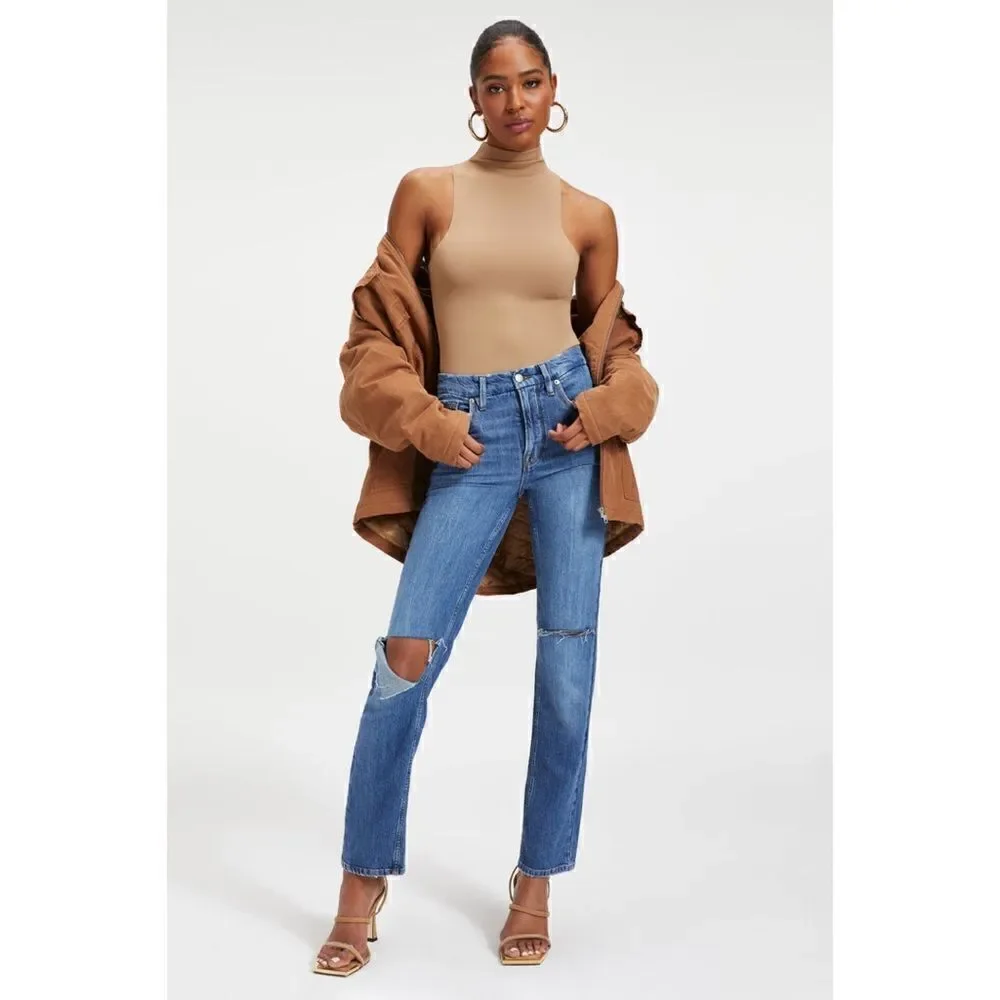 Good American Good 90s Icon Ripped Straight Leg High Rise Stretch Denim Jeans - Picture 2 of 16